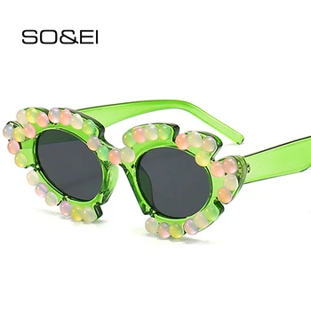 SO & EI, Модни слънчеви очила с многоугольным кошачьим око Ярки цветове, Дамски ретро Маркови дизайнерски слънчеви очила с оцветени перли, Мъжки нюанси UV400