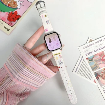 Жена кожена гривна за Apple Watch Series 8 7 6 5 4 se 3 Ultra 49 мм каишка, блестящ сладък каишка за iWatch 41 мм 38 40 мм 45 44 42 мм