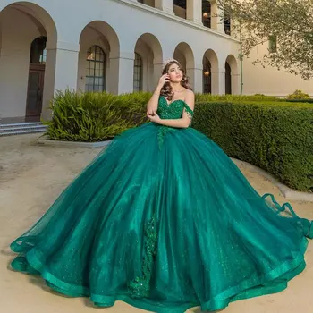 Изумрудено-зелена Бална рокля, Буйни рокли 2023, Апликация с открити рамене, Милото 16 Рокля Vestido De 15 Anos дантела Miss Princess