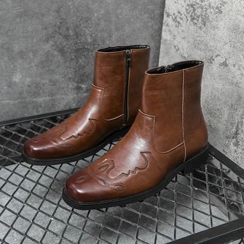 Италианската Марка, Мъжки Престрелки ботуши, обувки от естествена кожа, Класически мъжки обувки с висок берцем в западен стил, Вечерни модела обувки, Каубойски ботуши с цип