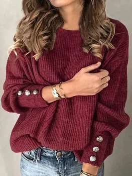 Есенни дамски Пуловери, Монофонични корейски стил, дълъг ръкав, плетиво копчета, Дебели Топли Зимни Дамски пуловери C5082