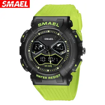 Цифров часовник Smael за мъже, мода водоустойчив кварцов ръчен часовник с хронограф и двойно показване на времето, Автоматична дата, седмица, 8073 Зелен