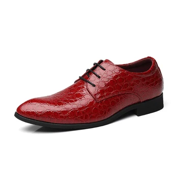 Класически мъжки модел обувки, мъжки обувки от червена кожа, дантела, големи размери, бизнес и ежедневни мъжки обувки с остър пръсти за сватба