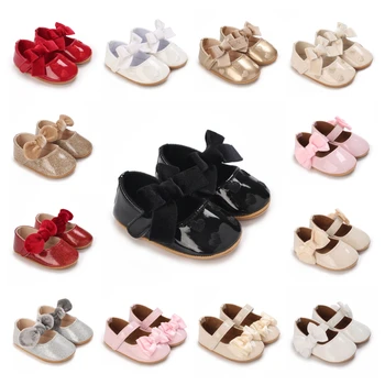 Обувки за новородено, Обувки за малките момчета и момичета, Класически модел обувки от изкуствена кожа с лък гумени подметки, обувки за първите ходунков, обувки за креватчета за деца