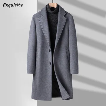 Мъжки вълнен тренч с най-високо качество, зимно, дълго вязаное палто на две копчета на бизнес серия, вълнена и смесовое мъжко палто