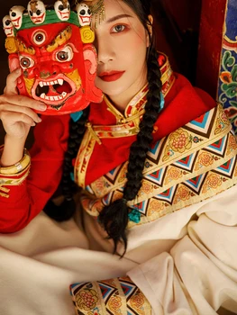 Тибетски Бяла роба Традиционна китайска облекла за жени, Ориенталски костюм в етнически стил, Тибетски дрехи, Азиатски облекло за дамите