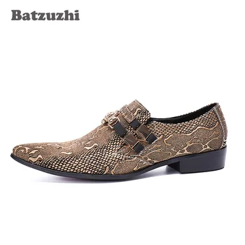 Batzuzhi/ Златни Дизайнерски обувки Ръчна изработка, Мъжки обувки на плоска подметка с остър петите, Кожени Модела обувки, Модни Вечерни/Сватбени Обувки, Мъжки, US6-12
