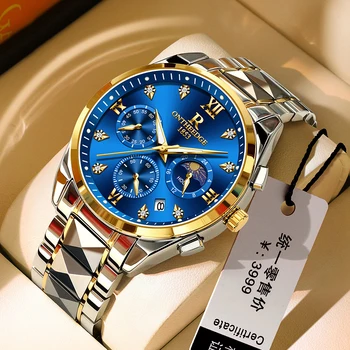 2023 Нови бизнес мъжки часовници, Богат на функции кварцов часовник с 24-часов хронограф лунна фаза, водоустойчив светещи ръчен часовник