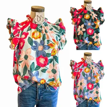 Многоцветен топ с флорални къдри на ръкавите на Дамски лятна шифоновая блуза, Дамски еластичен топ с флорални пищните ръкави с принтом, сексуална риза