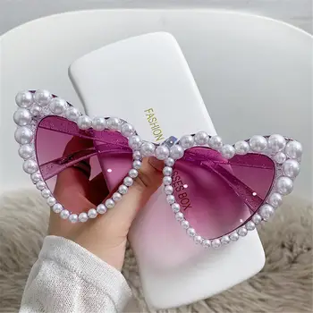 2023 Дамски слънчеви очила с перли във формата на сърце, Реколта Улични плажни очила, Колоездене Модерни Очила с UV400, Модни очила за партита