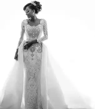Сватбена рокля Русалка в Африканския стил с Дълъг ръкав, Подвижна Горна пола, Дантелени сватбени рокли с кристали, бродирани с мъниста, Vestido De Novio