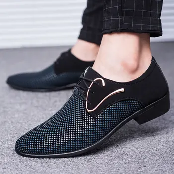 Нови мъжки кожени обувки-oxfords на равна подметка, мъжки обувки с остри пръсти, бизнес рокля, Офис сватбени ежедневни дишащи тънки обувки