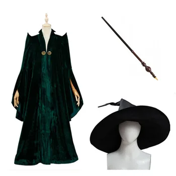 Професор Минерва Макгонагалл Cosplay костюм Зелена веревочная наметало, Шапка, пръчица пълен костюм за Хелоуин