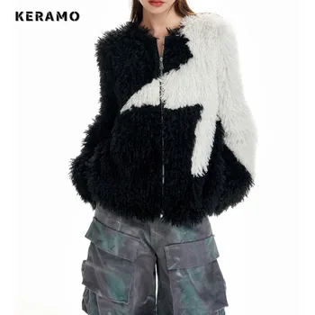Есен-зима 2023, Кожа яке в контрастен цвят в американския ретро стил с цип За жени, Harajuku Y2K, Гръндж, Модерно Свободното си Топло палто