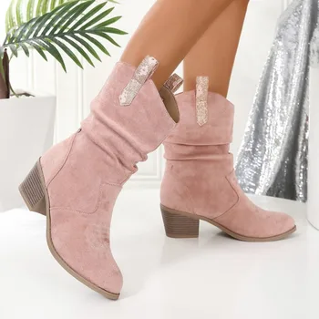 Модни дамски ботильоны високо качество 2023, трендови нескользящие обувки с кръгло бомбе, удобни есенно-зимните модни дамски ботильоны однотонного цвят