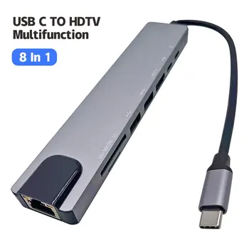 Тип C 8 B1 C USB Хъб 8в1 Тип C за HDMI 4K Адаптер RJ-45 Lan Ethernet TF SD Четец на USB-C 3.0 TypeC Докинг станция За лаптоп Macbook