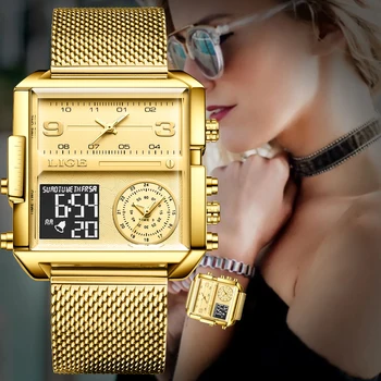 LIGE 2023 Модни Дамски Часовници с двоен Дисплей, Най-добрата Марка за Луксозни Творчески Квадратни Часовници, Дамски Ежедневни Златни Часовници Relogio Feminino