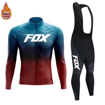 Зимен комплект за колоезденето 2024 fox teleyi, спортни облекла от топло отвътре с дълъг ръкав, спортен костюм от джърси, Мъжки комплект с нагрудниками, облекло за колоездене