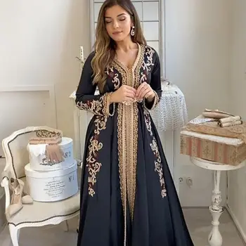 Черно Марокански кафтан, мюсюлмански вечерни рокли с трапецовидна форма, с V-образно деколте и дълги ръкави, Расшитый мъниста Кафтан от арабската турция в Дубай, Ислямското рокля