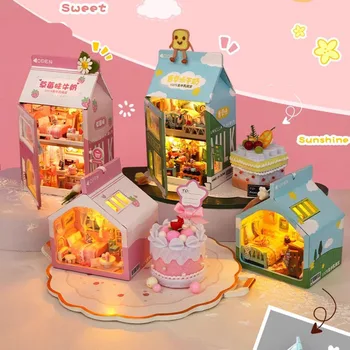 Направи си сам Мини Дървена Куклена Къща Rose Девчачье сърце Кутия от мляко Дизайн с ръчно изработени Куклена Къща Casa Миниатюрни играчки, Подаръци за момичета За рожден Ден