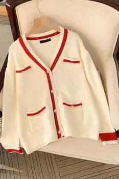 2022, Новият есенен вязаный жилетка в контрастен цвят с V-образно деколте, Дамски пуловер с дълъг ръкав, палта, Безплатна доставка