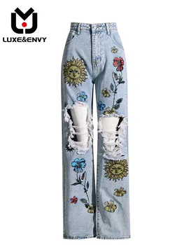 LUXE & ENVY 2023 Летни Нови Дънки с висока талия и Перфорации Design Sense, Ежедневни дамски панталони с принтом 2023