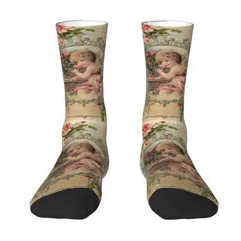 Мъжки и дамски чорапи с принтом викторианска ангел в стил Харадзюку и розови винтажными рози, топли спортни баскетболни чорапи с 3D-принтом