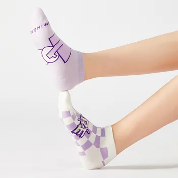 Лилави Къси чорапи с надпис, Летни Тънки Памучни чорапи дишащи, Персонални Универсални къси чорапи в клетка за жени