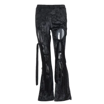Модни Дамски Y2K Фея, еластична превръзка с висока талия, дълги рейв-панталони, тесни панталони от Кадифе с принтом, черни