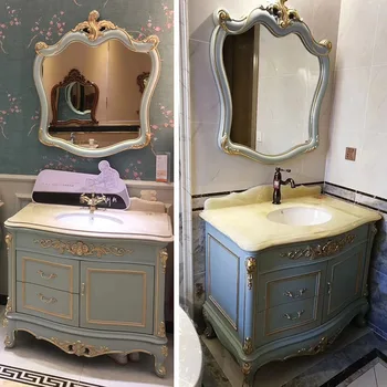 Шкаф за баня в европейски стил, дъбов шкаф за баня, мивка, бяла луксозна мивка за баня, комбинация от масивна дървесина