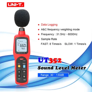 UNIT UT352 LCD измерител на нивото на звука Тестер шум 30-130 db Честота на 31,5-8000 Hz A & C Тегло на честотата на МАКС/мин/Регистрация на данни