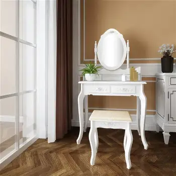 Съвременен елегантен стил, 4 чекмеджета, Въртящи се на 360 градуса, Подвижни огледален тоалетка, бял, за спални и т.н