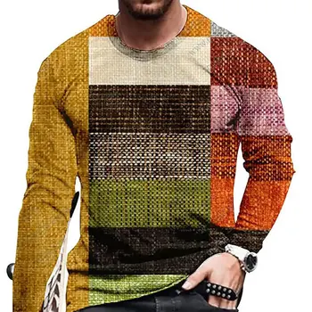 Мъжки тениски в клетка с 3D графичен принтом, Пролет-Есен, Свободни ежедневни блузи с кръгло деколте и дълъг ръкав, Тениски оверсайз, Дрехи