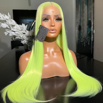Неоново зелено 26-инчов Бордо Синтетични перука с директни връзки отпред за черни жени с коса на бебето, перуки, изработени от устойчиви на висока температура влакна
