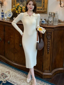 Ново есенно-Зимния Коварен трикотажное рокля, Секси Елегантна рокля-пуловер с ревера и дълъг ръкав, прилепнали рокли на Корейската мода, Vestidos