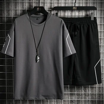Мъжка тениска + шорти, комплект, Лятна дишаща ежедневни тениска, комплект за джогинг, Модерен мъжки спортен костюм с принтом Харадзюку, новост 2023 година