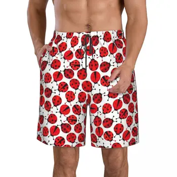 Червени ladybugs, Мъжки ежедневни панталони за разходки, Плажни панталони с завязками, Комфортни Шорти с плоска предна част на S