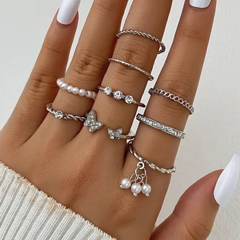 Ретро Сребърен комплект пръстени с куха Пеперуда и перли За жени, Метален пръстен с Геометричен Кръст и перли на пръст, модни Бижута 2023