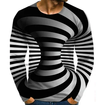 Нова лятна мъжка тениска с 3D-принтом Visual illusions, ежедневни тениска оверсайз с дълъг ръкав, Модерен пуловер, мъжки дрехи