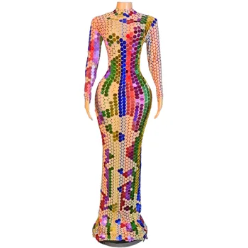 Пятицветная модел за европейски и американски страни, Мрежести еластични цветни лещи, с кристали, дълга рокля за изпълнения, обличане за момичета