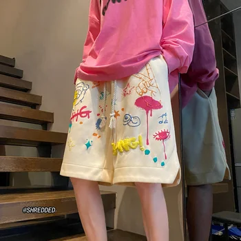 Модни летни реколта шорти y2k с принтом графити, Къси мъжки и дамски Летни американски улични Свободни ежедневни баскетболни панталони