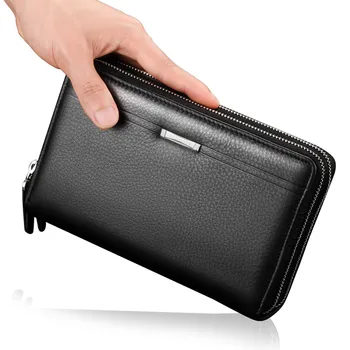 Мъжка чанта с дръжка в бизнес стил, водоустойчив портфейл, най-дългата двойна чанта с цип, черен мек кожен портфейл, безплатна доставка на стоки