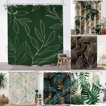 Зелената Хавайска Тропически душ Завеса за душ, Домашни Златни листа, Растителна тъкан, Завеси за баня, Ботанически Джунглата, Комплект за баня, Декорация тоалетна