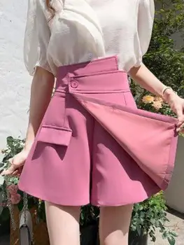 Обикновена мини-панталони с неправилна форма копчета, дамски Елегантни офис дамски летни ежедневни панталони с трапецовидна форма, топла разпродажба, Лекота